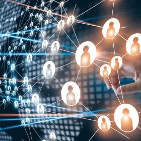 Hand of touching network connecting the human dots icon in business project management. Teamwork organization and brainstorm concept